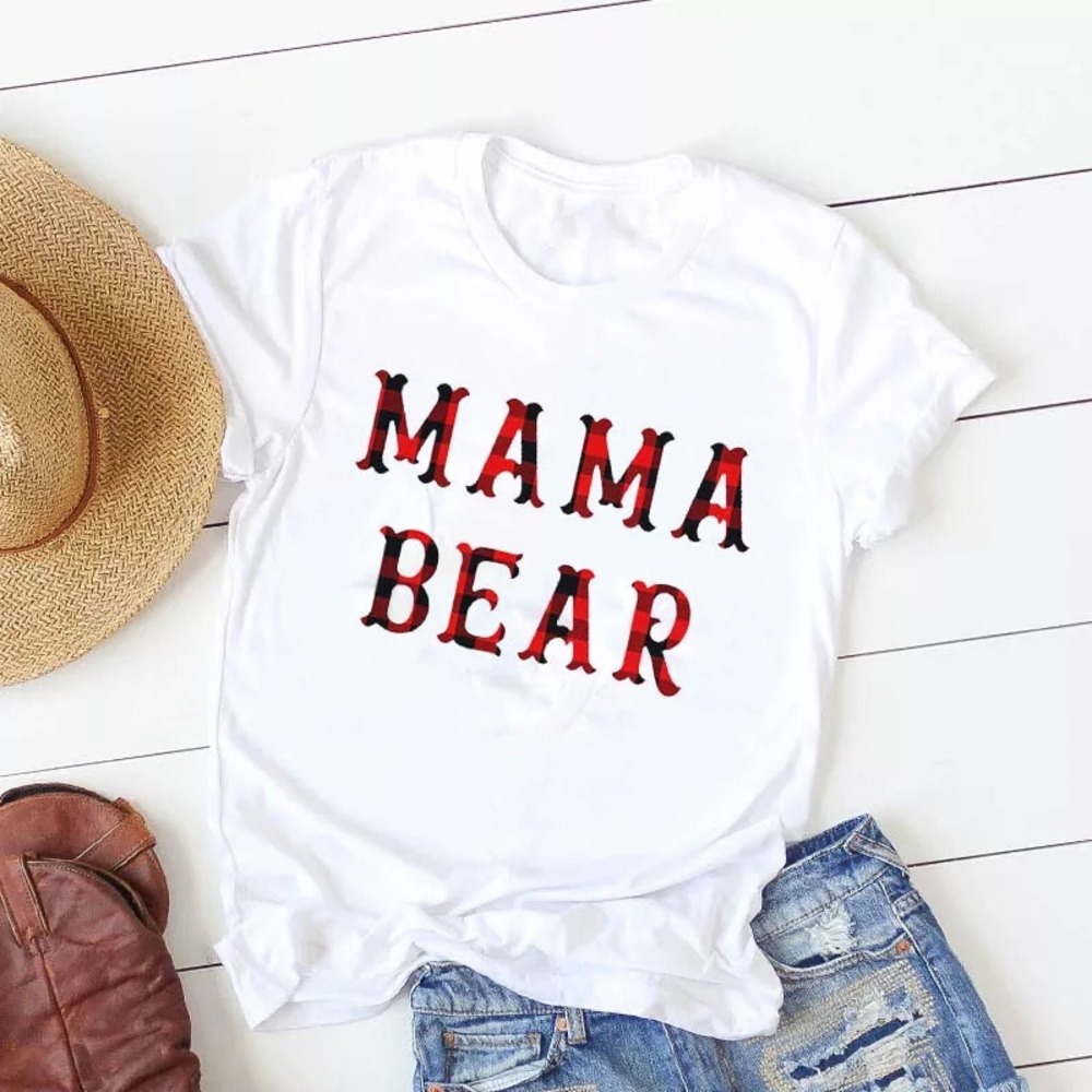 New Plaid Mama Bear Medium White Mom Tee